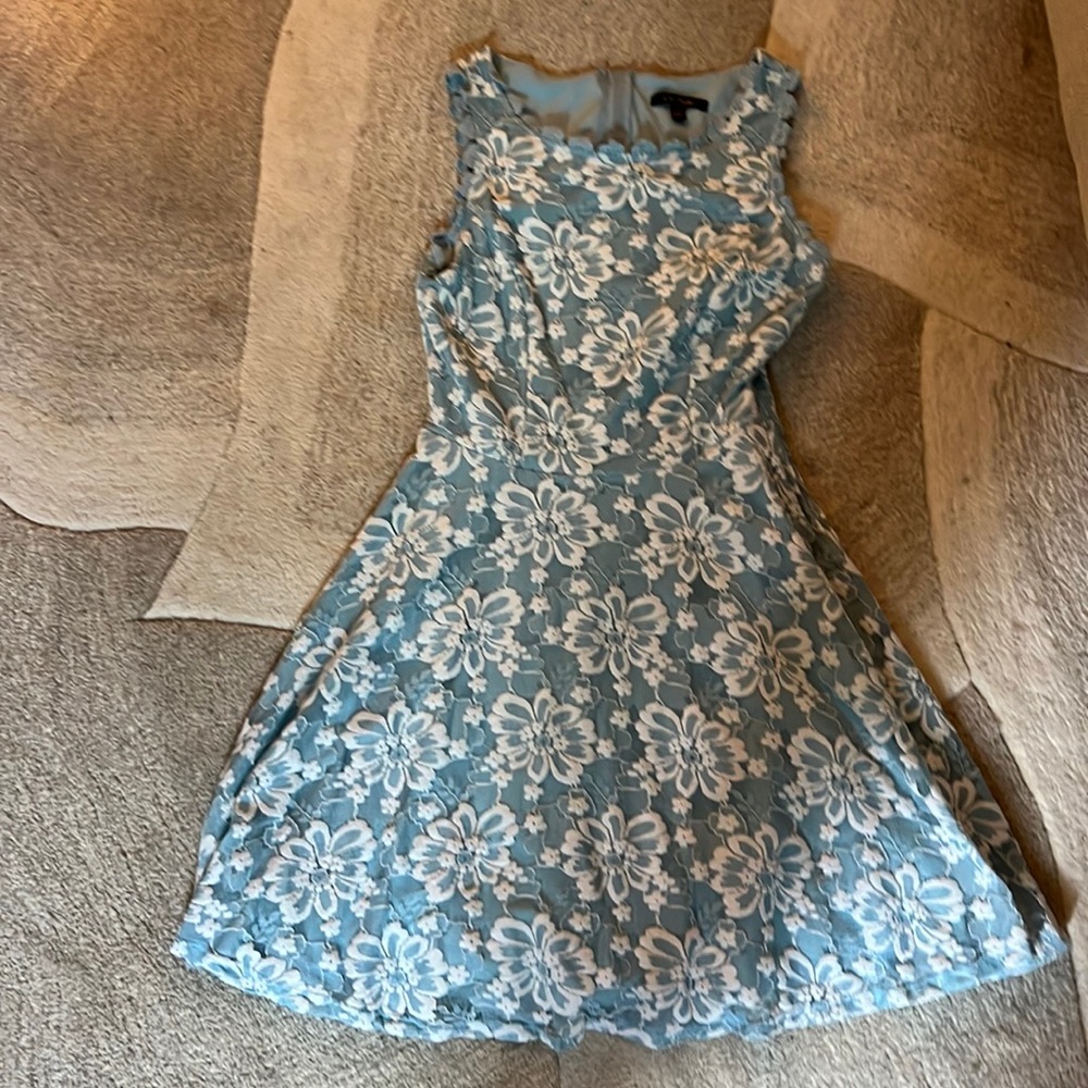Light blue semi formal dress with white floral lace